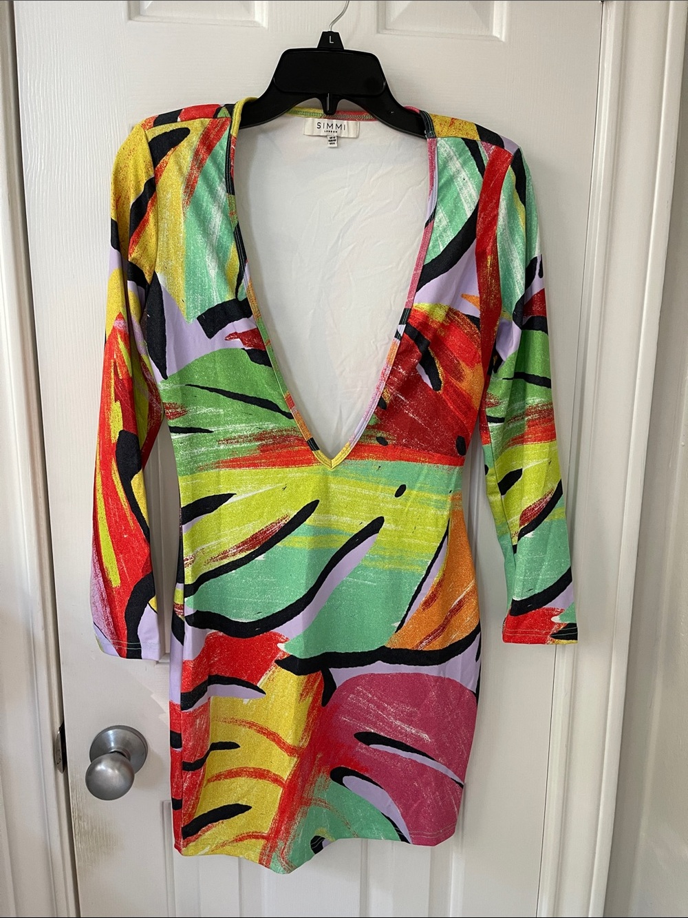 SIMMI London Multicolor Abstract Deep V Mini Dress
